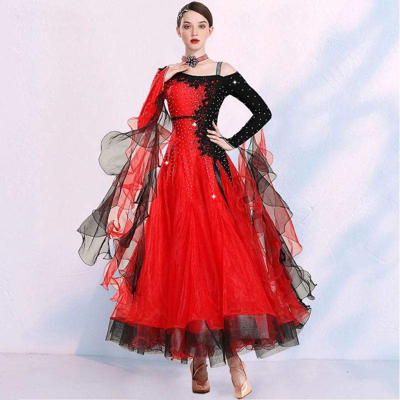 

Customized Ballroom Dance Competition Dresses Women Standard Modern Dance Dress Big Swing Long Sleeve Waltz Dancewear Clothes