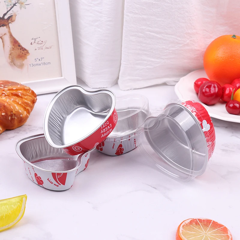 10Pcs/Set 100ML Heart Shaped Aluminum Foil Cake Pan Cupcake Cup with Lids Flan Baking Pans