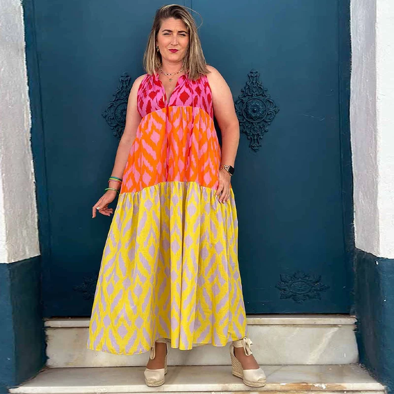 Chic Patchwork Printed Dress For Women Chic Round Neck Sleeveless Casual Maixi Dress Summer New Female Vacation Robe