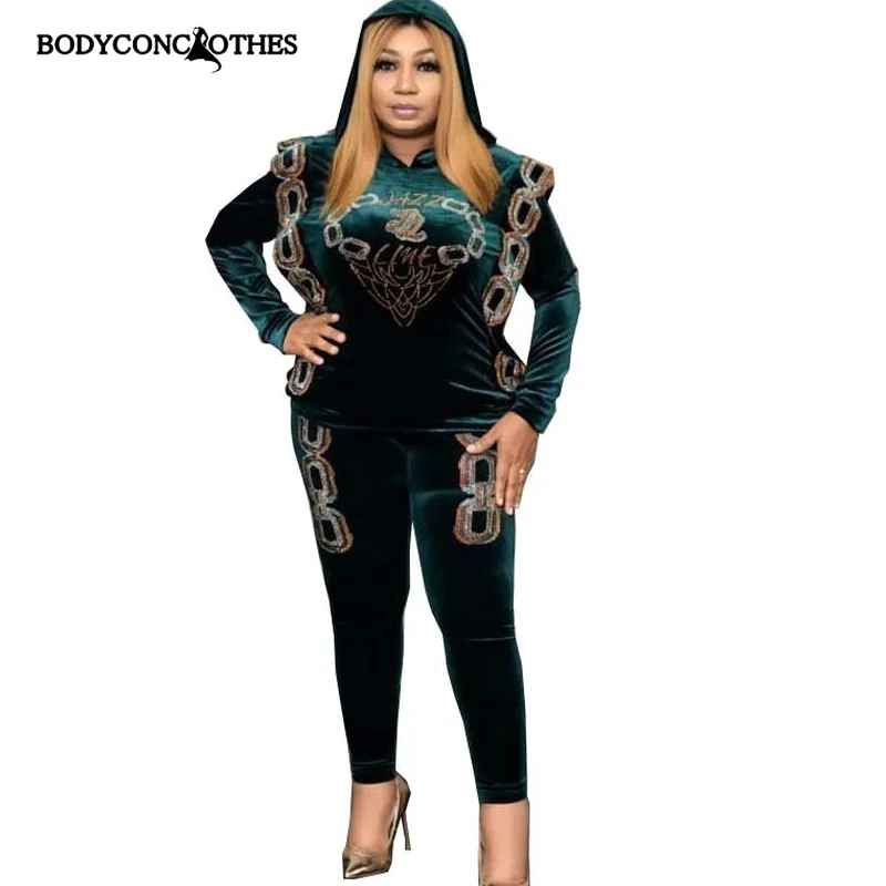 

Bodyconclothes Women Two Piece Sets Clothing Tracksuit Hot Drill Stitched Suit Long Sleeve Temperament Commuter Suit Flannel