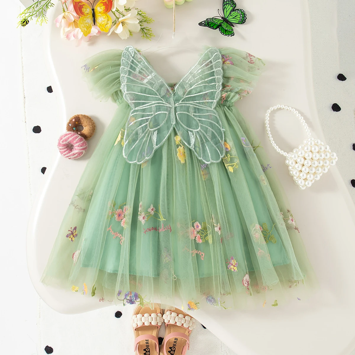 Girls Mesh Skirt Flying Sleeve Princess Dress Puff Skirt Korean Flower Embroidered
