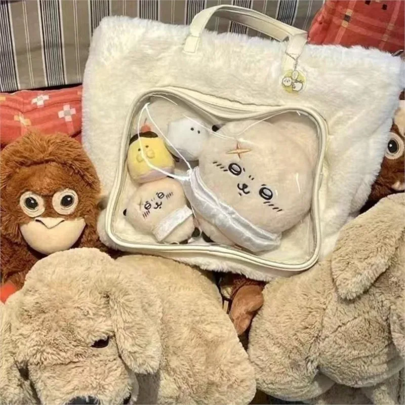 JIAERDI Japanese Transparent Pink Ita Bag Purse Women Harajuku Aesthetic Plush Handbag Female Large Capacity Tote Bag 2025 New