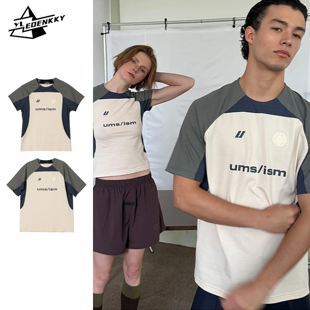 

Летний стиль, мужские и женские спортивные тренировочные быстросохнущие Топы с коротким рукавом, повседневные мешковатые эластичные футболки унисекс с цветными блоками