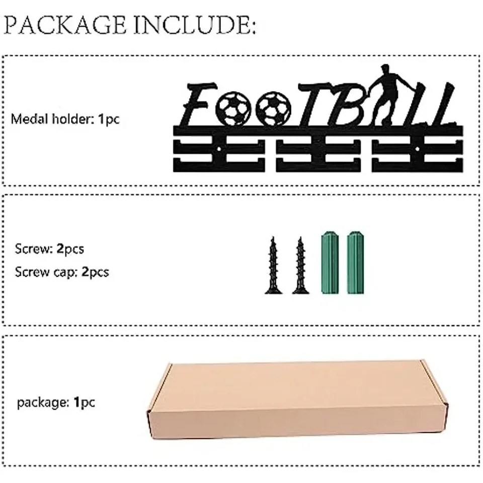 CREATCABIN Porte Médailles Football Présentoir pour Médailles Sport avec Étagère pour Trophées Rubans Récompenses Crochets D'Organisation Support Mural Métal pour Athlètes Joueurs Course 40x20x10cm