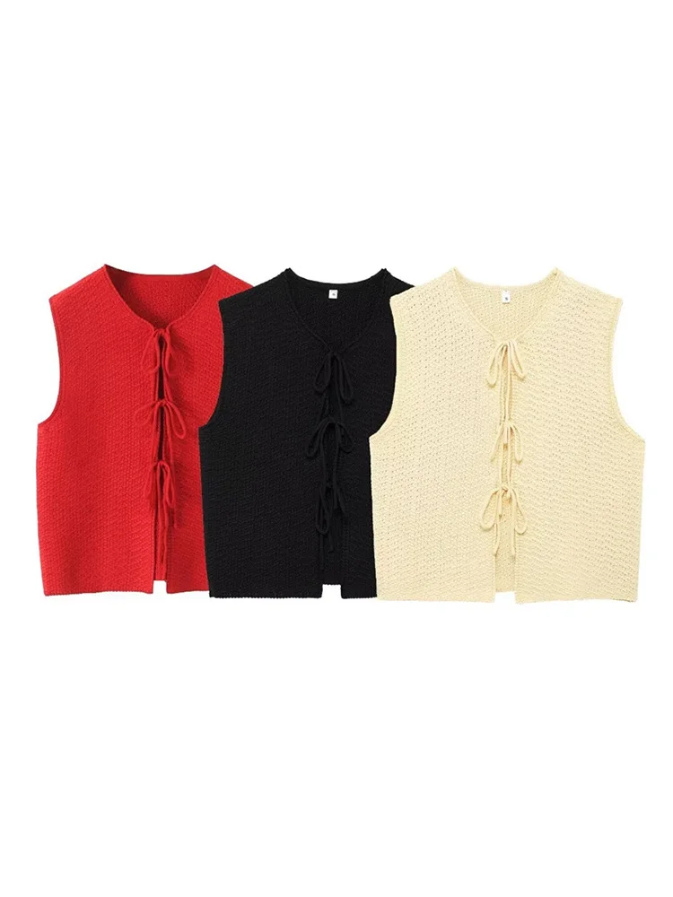 

Женский трикотажный топ с круглым вырезом, элегантная однотонная Короткая Безрукавка с завязкой, модная женская Праздничная блузка, лето 2024