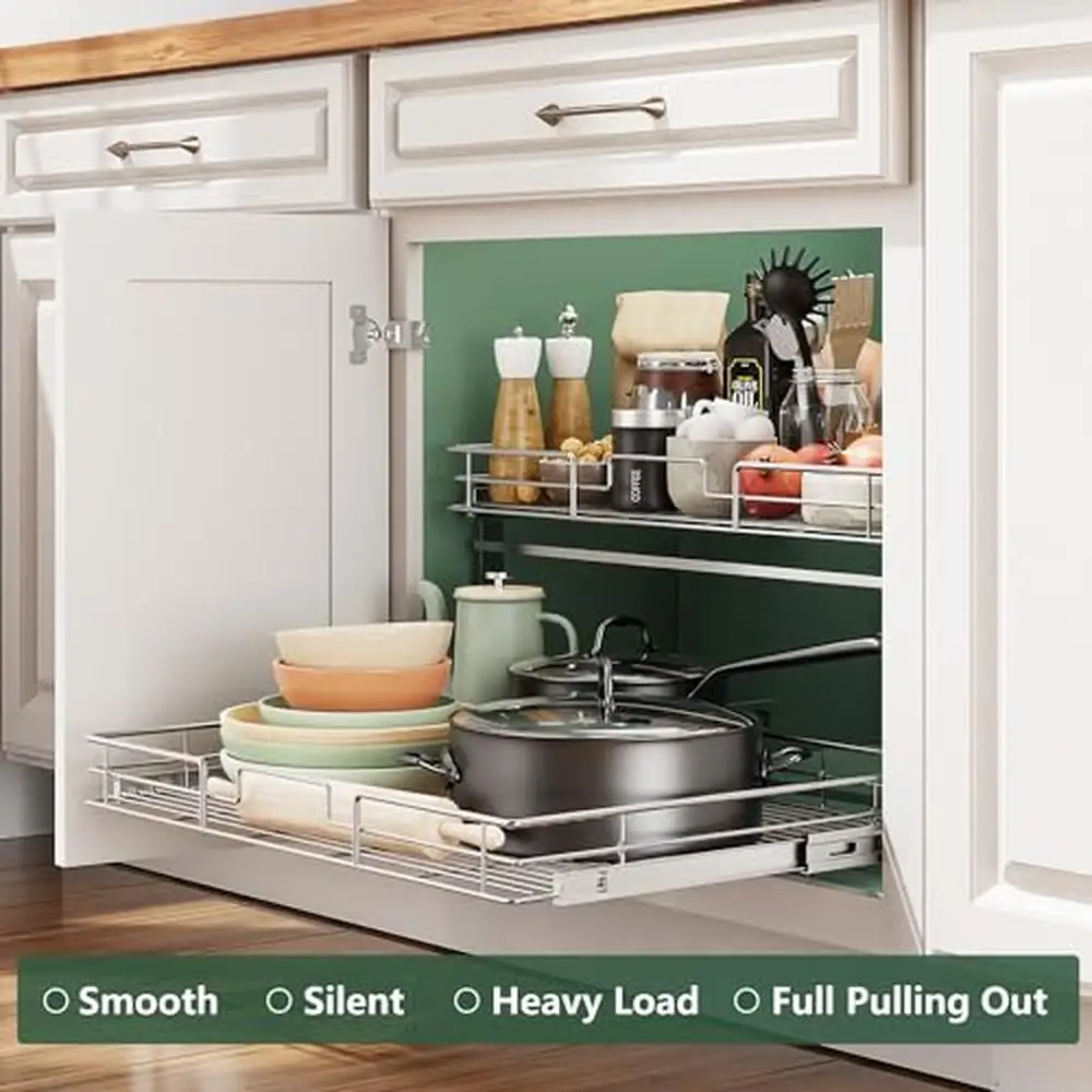 2 Tier Pull-Out Kitchen Cabinet Organizer Storage Shelves Rust Resistant Metal Adjustable Height Holds up to 100 lbs Fits 32"