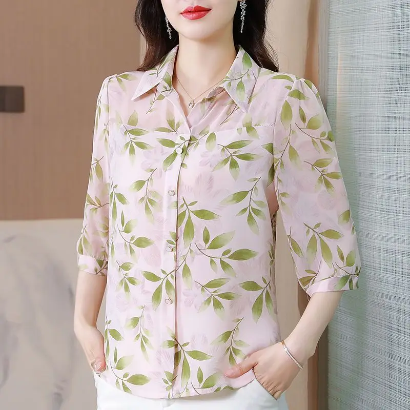 2024 New Summer Office Lady Loose Casual Retro Chinese Style Women's Shirt Button Print Chiffon V Neck 3/4 Sleeve Y2K Chic Tops