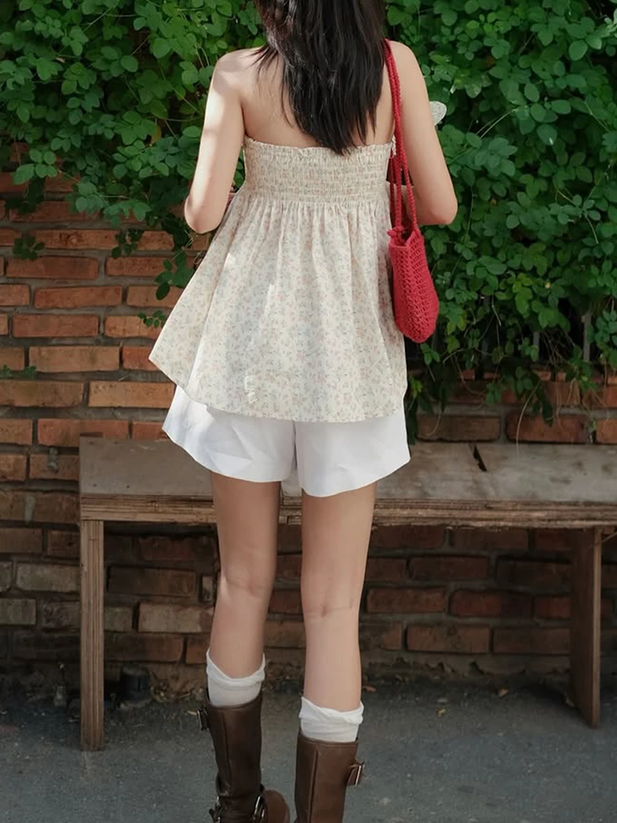 Women s Floral Print Strapless Tube Top with Pleated Detailing Backless Design and Perfect for Summer Clubwear 1