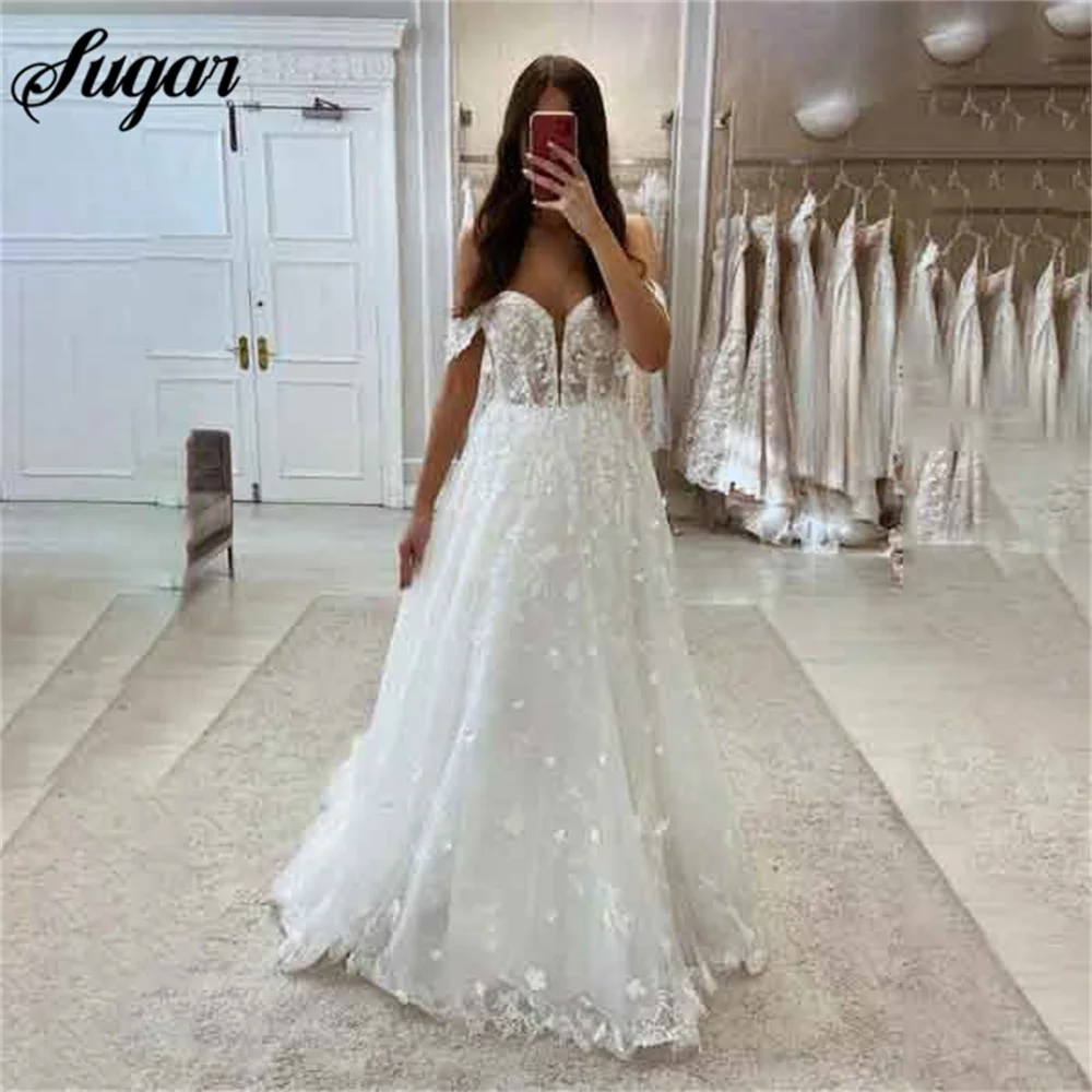 

Off Shoulder Ivory Wedding Dress Appliques Lace Wedding Gown With Beading Bridal Dress Sweep Train Bridal Gown vestido novia