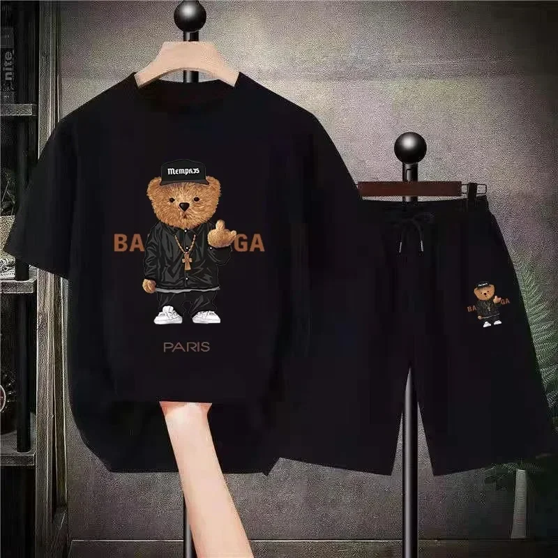 

Men's Summer Short sleeved Set Fashionable Little Bear Personalized Pattern Loose Comfortable And Breathable O-neck Casual Trend