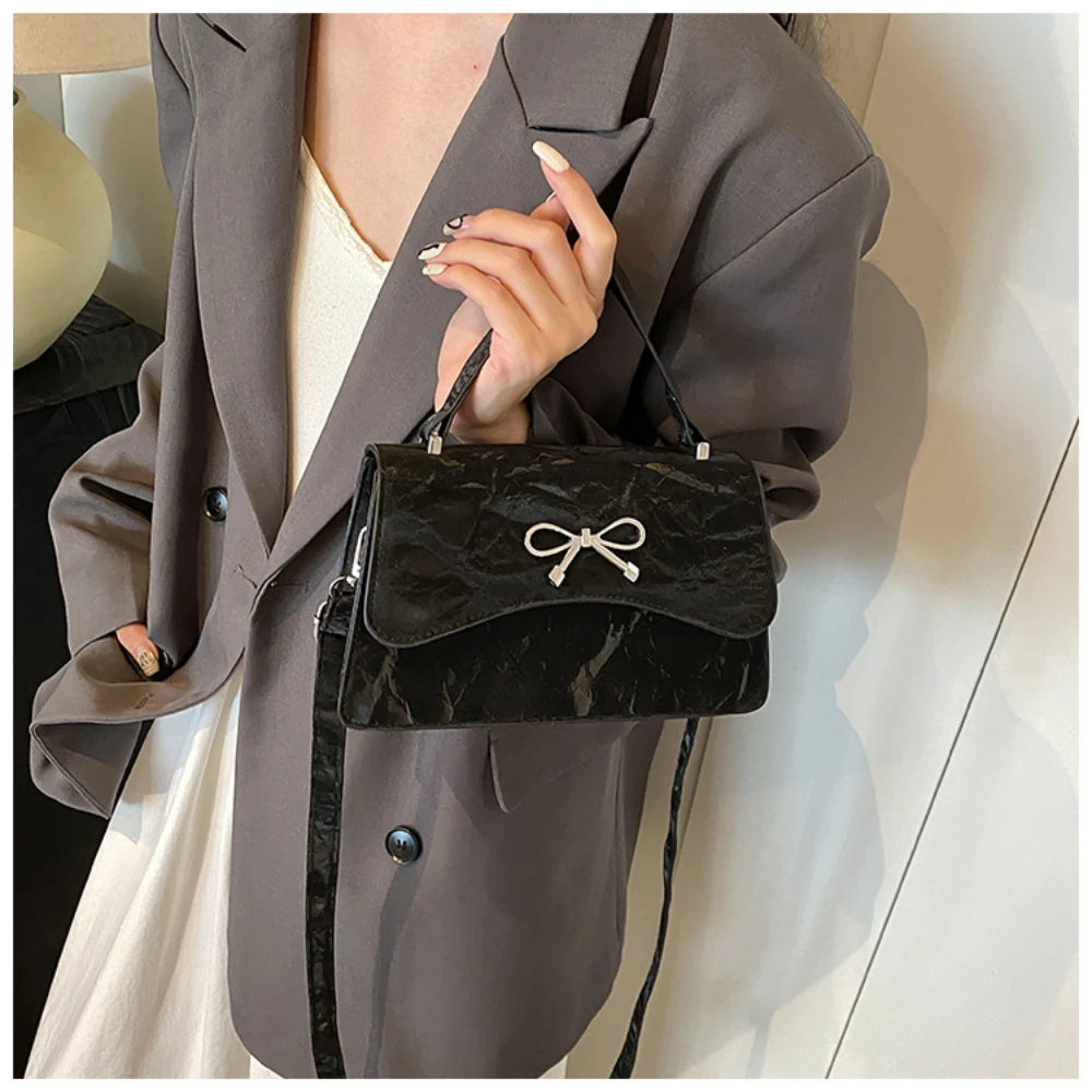Cute Bow Exquisite Small Square Bag Fashionable and Versatile Shoulder Crossbody Bag PU Leather Women'S Casual Handbag New