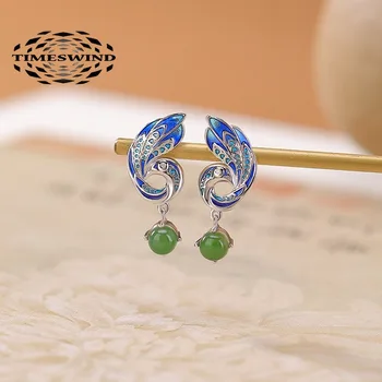 TIMESWIND Natural Jade Green Round Bead Blue Peacock Enamel Wing Women Earrings with Certificate
