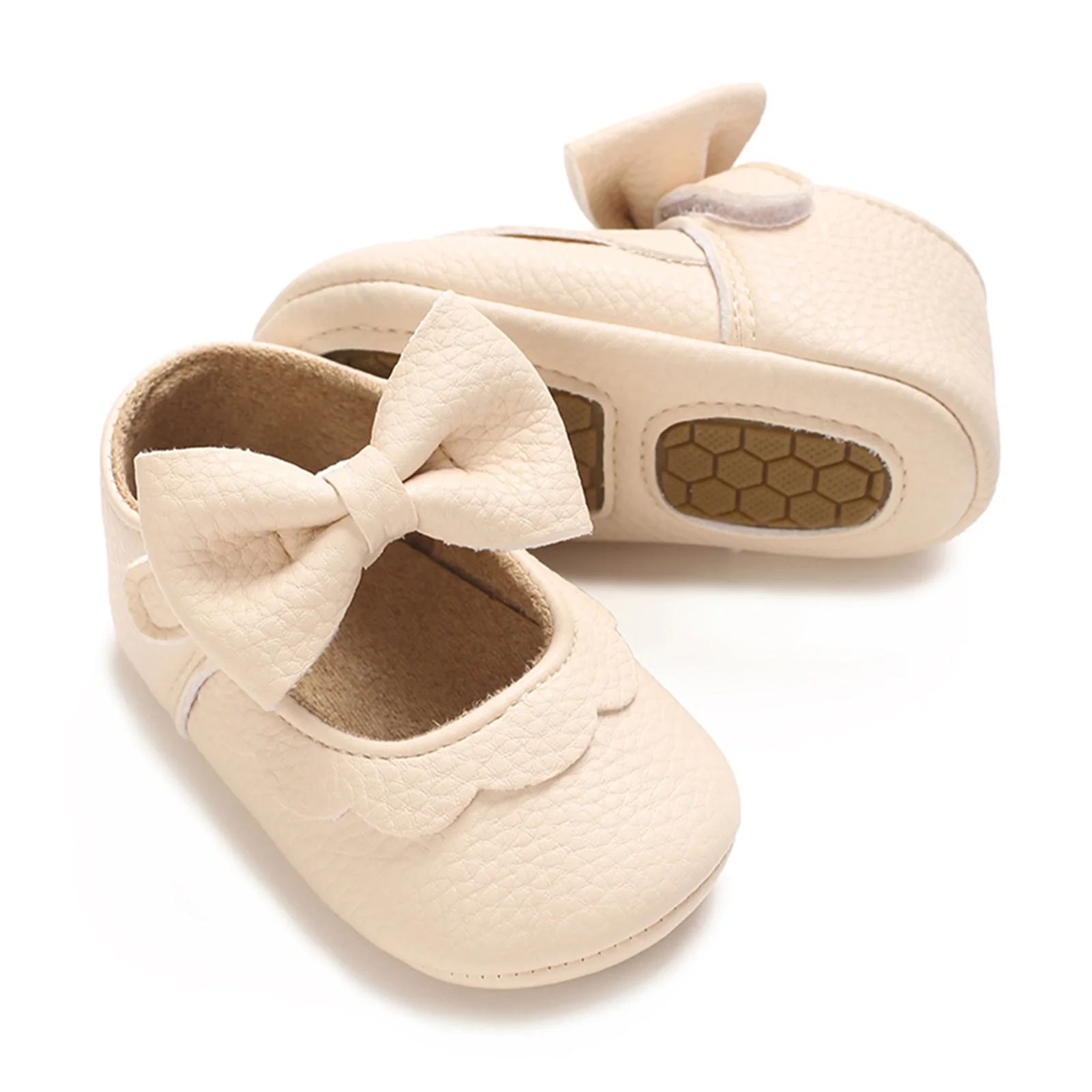 Newborn Baby Girls Mary Jane Flats Elegant Princess Bowknot Dress Shoes Non-Slip Crib Shoes for Infants Toddlers Solid Color