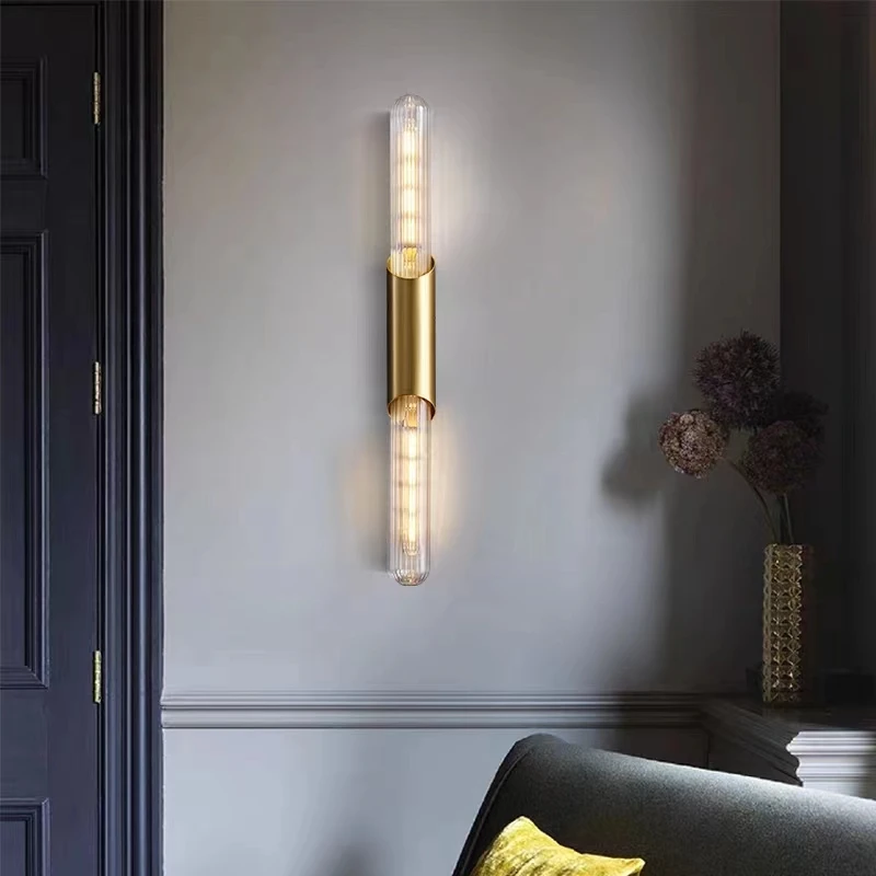 

Light Luxury Copper Long Wall Lamp Artistic Glass Entrance Hall Bedside Sconces Background Wall Corridor Staircase Lamp E14 Bulb