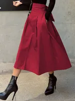 Stylish Solid A-line Skirts for Women Preppy School Style High Elastic Waist Long Skirt With Bow Woman Clothing Women's Skirts - Image 3