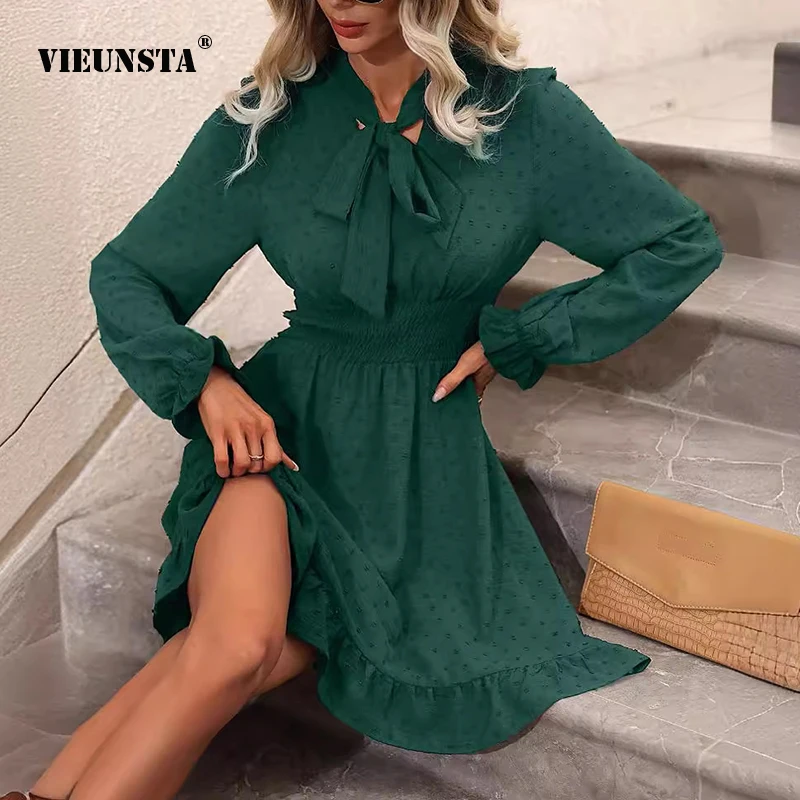 

Elegant Style Long Sleeve Women Clothing 2024 Spring Summer New Fashion Hot Selling Solid Color Bow Tie Lacing Waist Women Dress