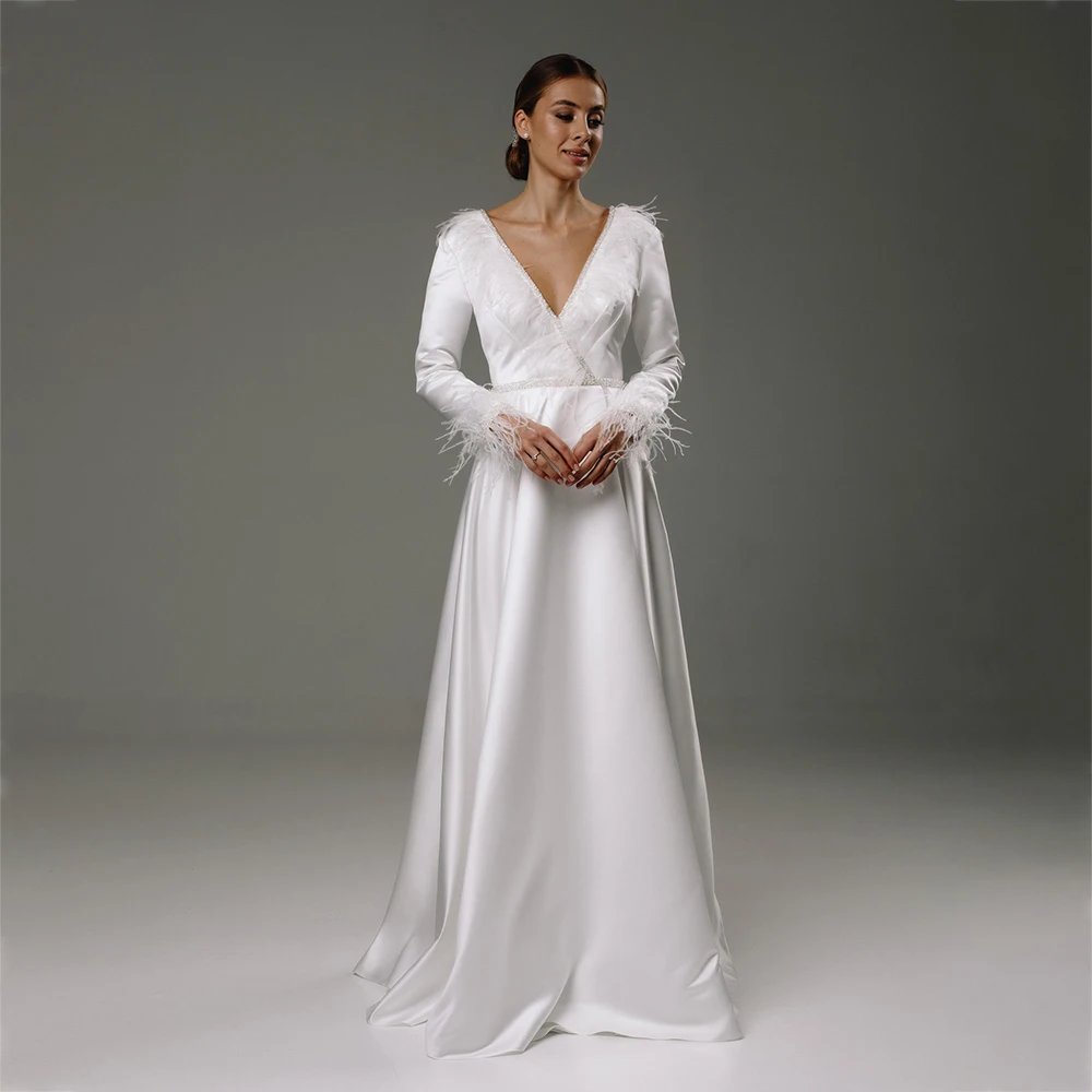

Furtanseo 2023 Satin Wedding Dresses Sexy Feather Long Sleeves Elegant Bride Gown Deep V-Neck Party Gowns