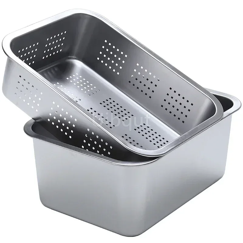 304 tray stainless steel Storage Trays leak plate hole Mesh Strainer Colander wash vegetable basin drying water filter basin lid 2