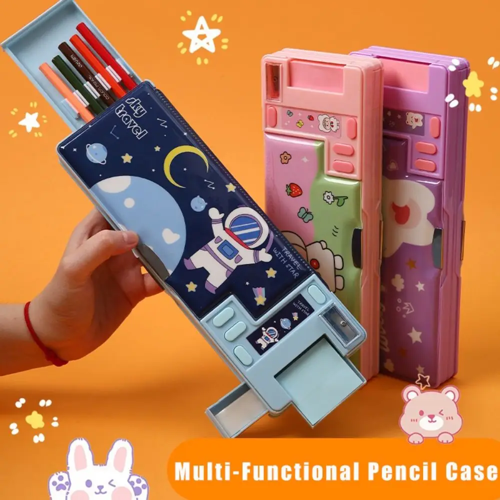 Multi-Functional Double-Sided Pencil Box with Built-In Calculator and Sharpener
