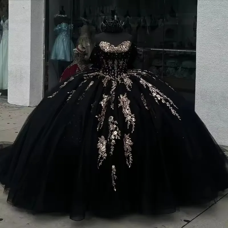 Glittering Black Ball gown Dresses Gold Lace Beading Birthday Party  Off-Shoulder | eBay