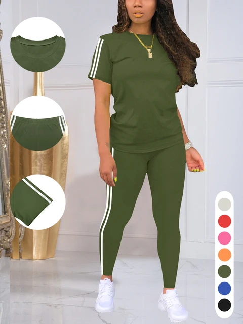 Women's Side-Striped Summer Sportswear Set Short Sleeve Long Pants Breathable Base Layer Clothing Colorful Casual Outfit