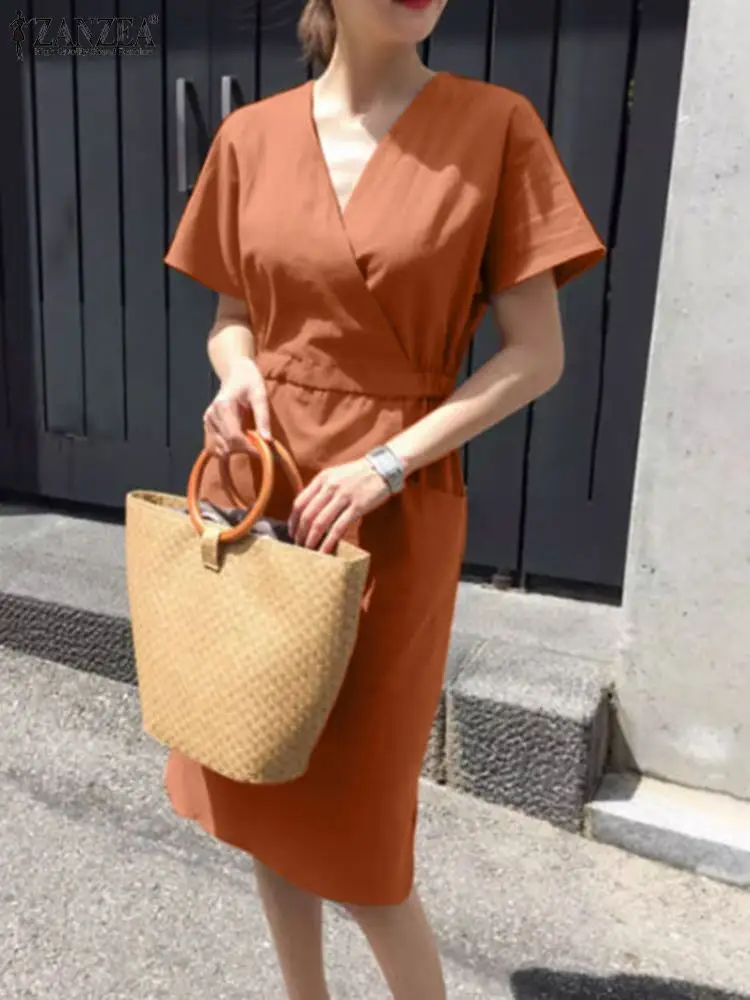 

ZANZEA Fashion Knee Length Robe Woman Short Sleeve V-Neck Dress Elegant Solid Color Dresses Female Casual Party Sundress 2023