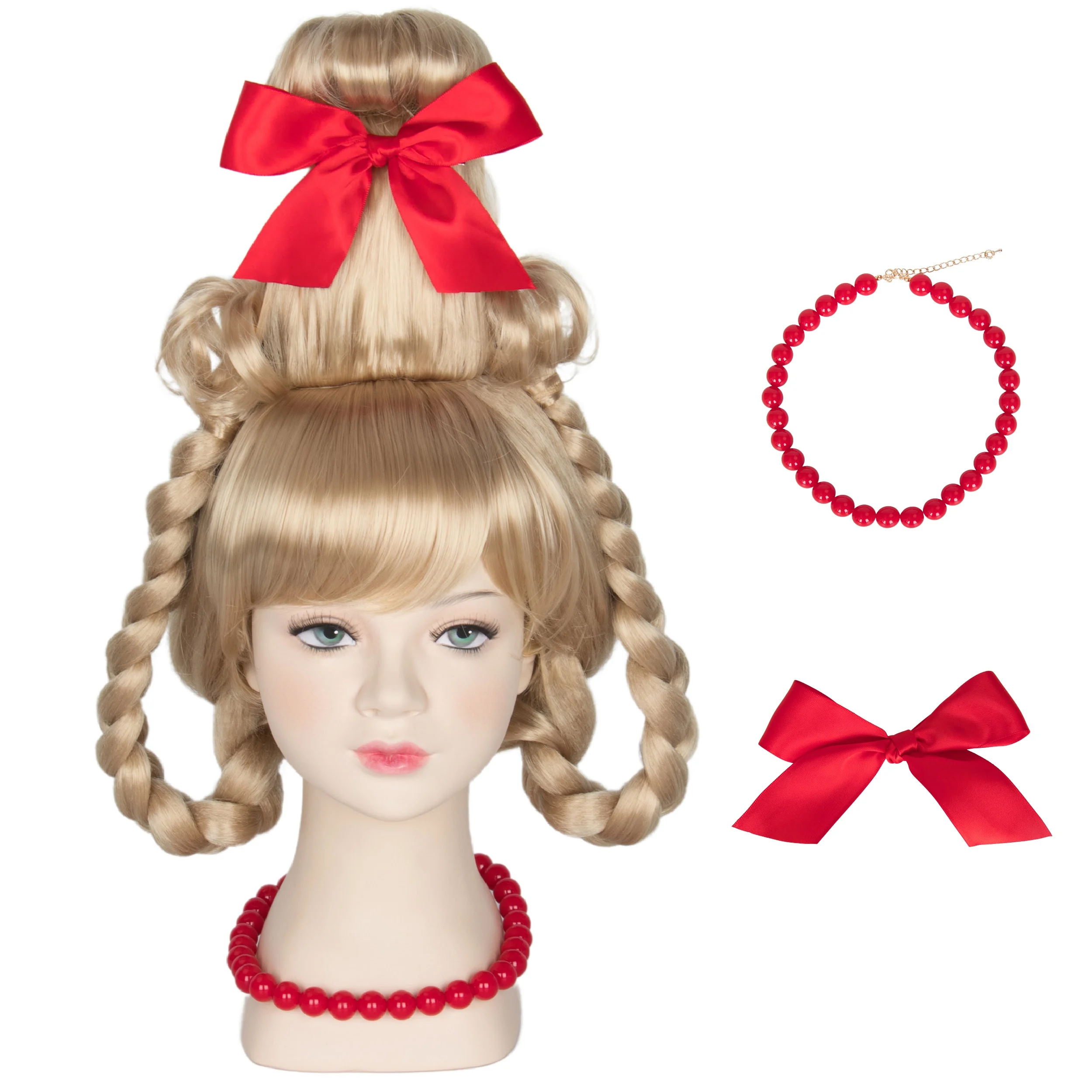 Miss U Hair Christmas Girl Wigs Long Blonde Braid Who Wig for Kids Children with Red Necklace and Ribbon Bow