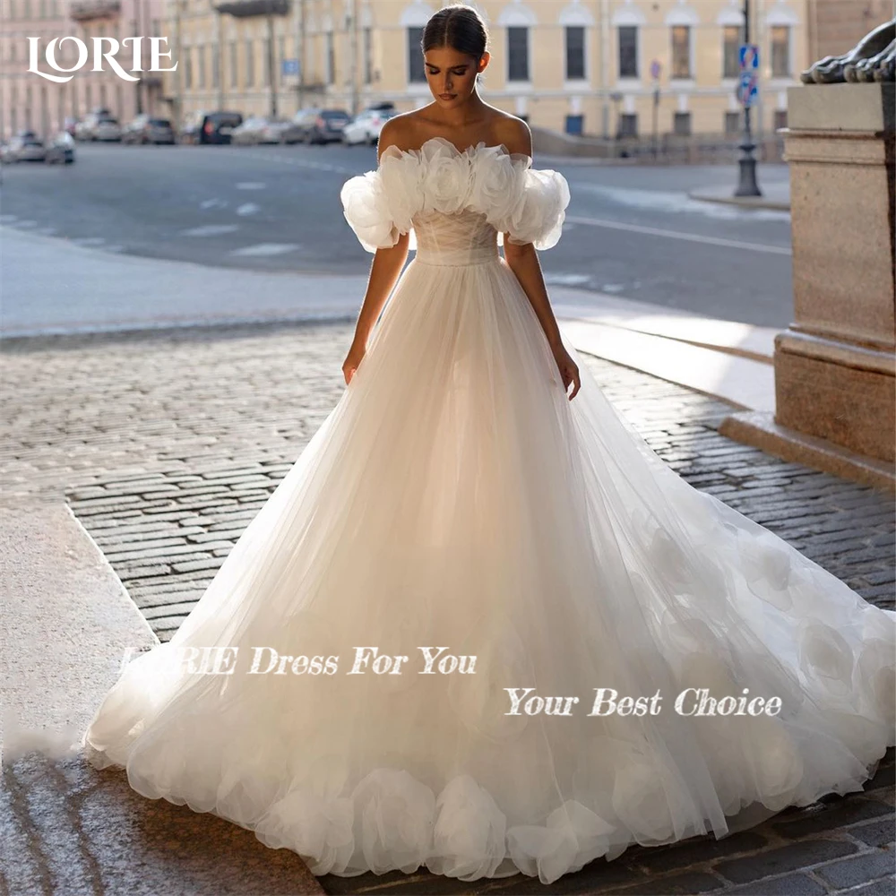 LORIE 3D Flowers Princess Wdding Dresses Ruched Off Shoulder A-Line Pleats Bridal Gowns Backless Train Bride Dress  Customized 2