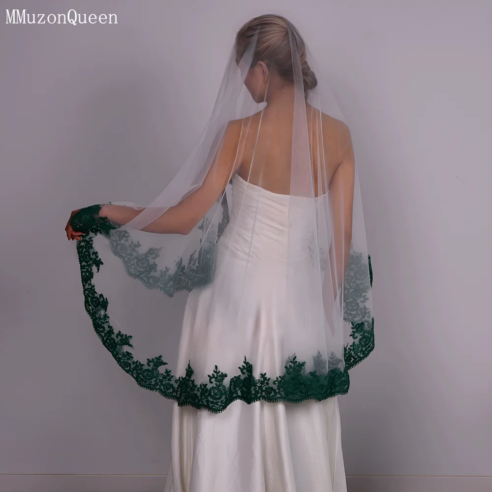 MMQ M112 Bridal Veil Green Lace Edge Veil 1 Tier Solf Tulle Wedding Without Comb Bride Wedding Stuff