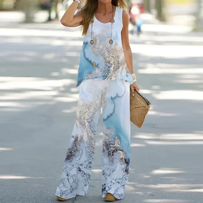 

Women's Shirt Set Summer Fashion New Casual Print Sleeveless Tops and Pants Set