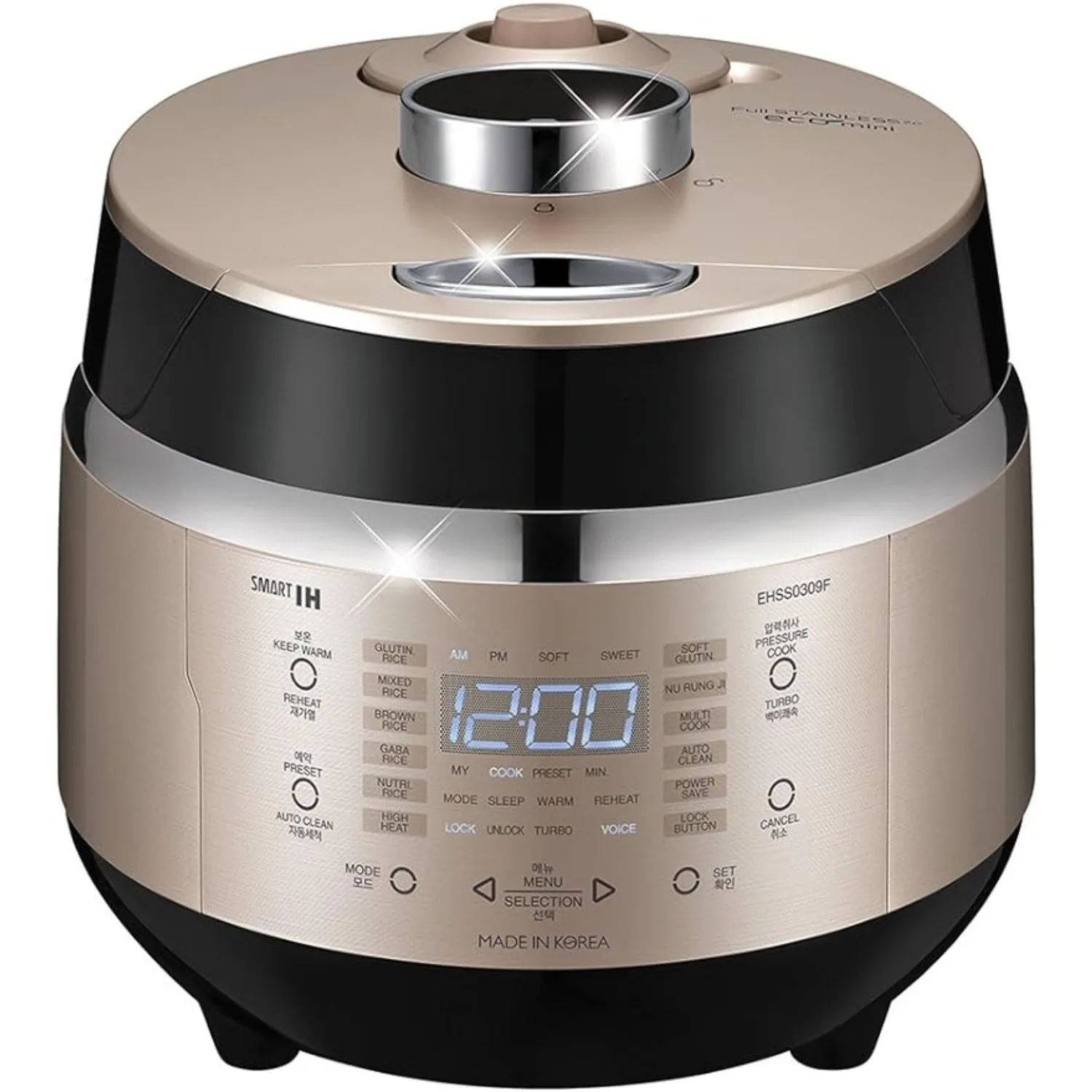 

Induction Heating Pressure Rice Cooker | 15 Menu Options, Auto-Clean, Voice Guide, Made in Korea | Gold,11"D x 15"W x 10"H