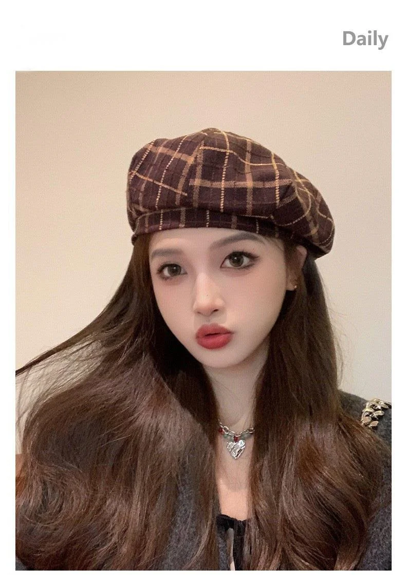 Plaid Beret Hat For Women British Retro Style Woolen Painter Cap_voghion.com