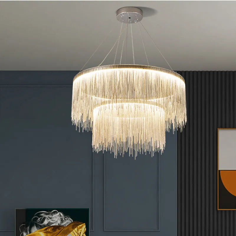 

Postmodern Style Living Room Chain Led Chandelier Nordic Creative Bedroom Dining room Cloth Store Tassel Chain Light Fixtures