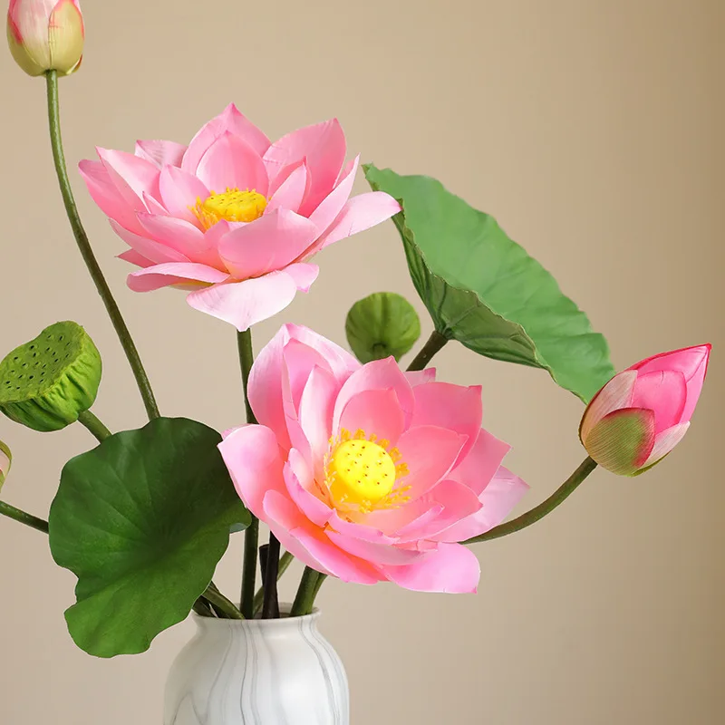 Artificial Lotus Arrangement with Lotus Leaves and Pods - Chinese Zen Home Decor & Landscaping Silk Flowers, 85cm