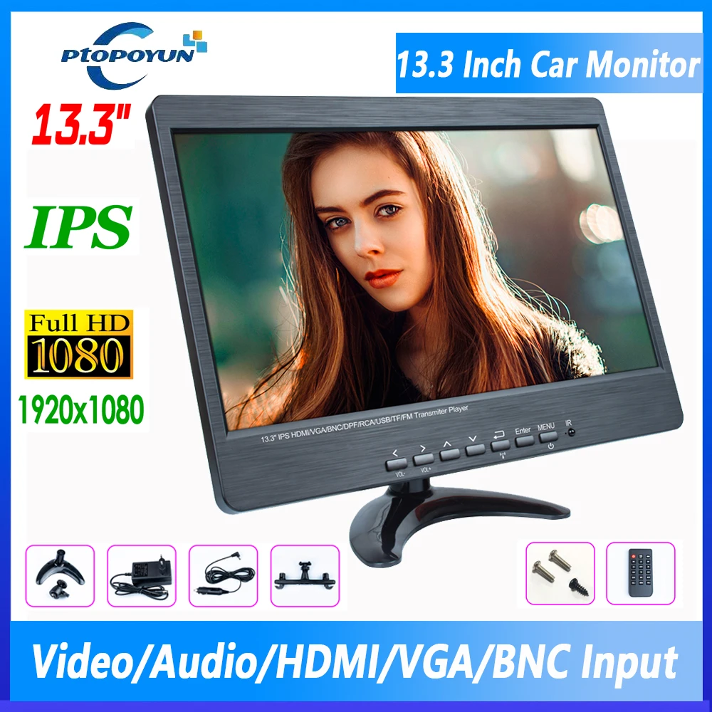

Ptopoyun 13.3" LCD HD Monitor Mini TV & Computer Display Color Screen 2 Channel Video Input Security Monitor VGA HDMI