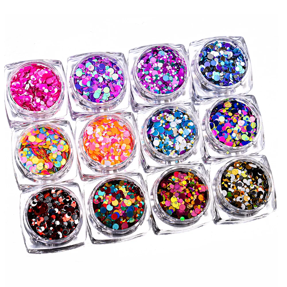 

12Jars/Set Round Shape Confetti Nail Glitter Sequins 1mm 2mm 3mm Mixed HOLO Spangle Paillette Glitter Flakes Nail Art Decoration