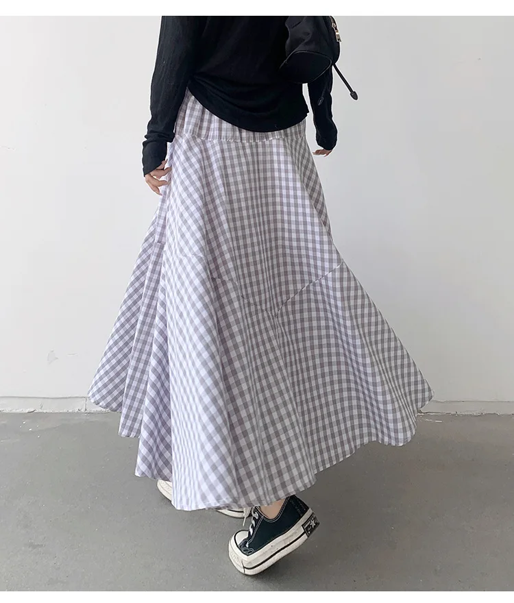 Korean Style Colored Plaid A-line Long Cotton Skirts 9