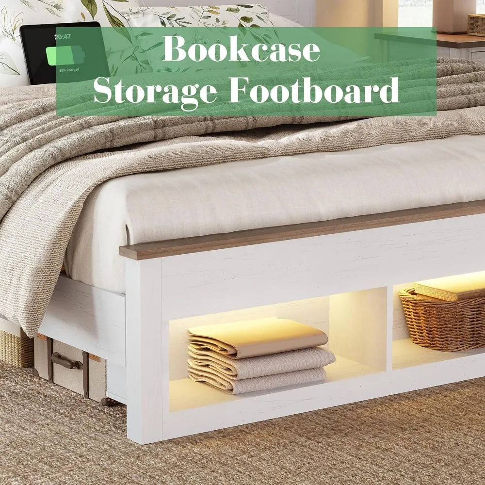 Bed Frame with Storage Bookcase Headboard and Footboard, Storage Wood Platform Bed Frame with Wood Slats Support, Noiseless LED 4