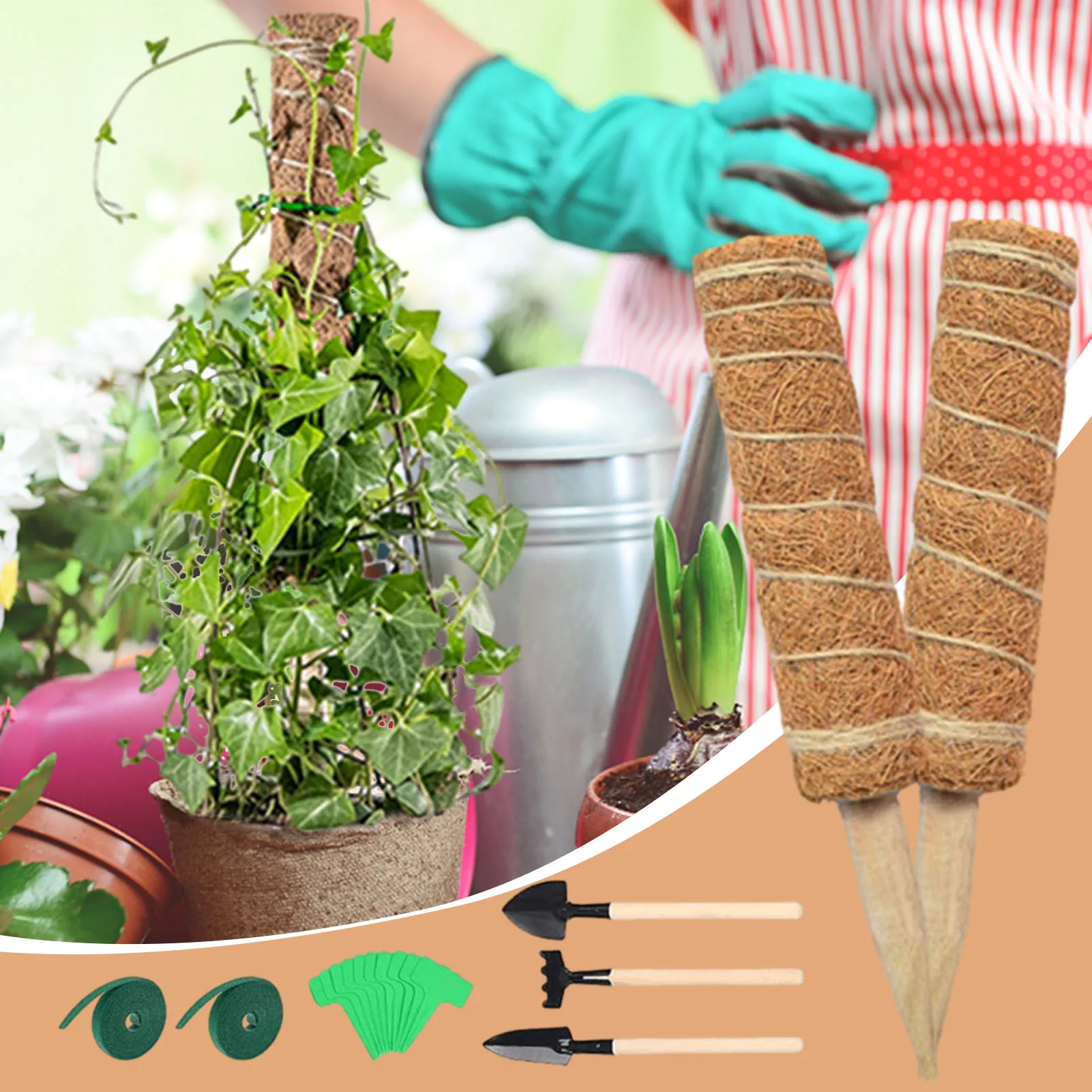 Garden Coir Moss Poles Plant Support Set With Strips Plant Labels
