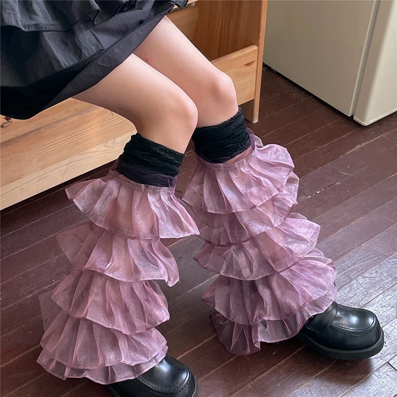 Cheap Women Layered Mesh Ruffle Leg Warmers Japanese Thigh High Socks  Aesthetic Chic Stockings Leg Cuffs Cover Streetwear