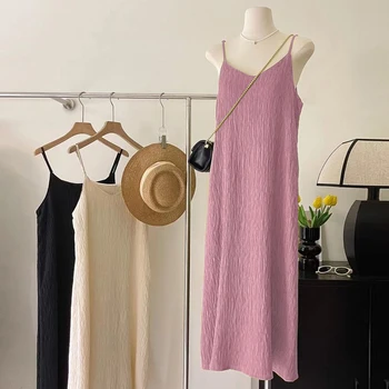 Vintage Camisole Sleeveless Mid-Calf Dress For Women Black Pink Purple White Pleated Midi Dresses Girl Evening Dresses Clothes 1