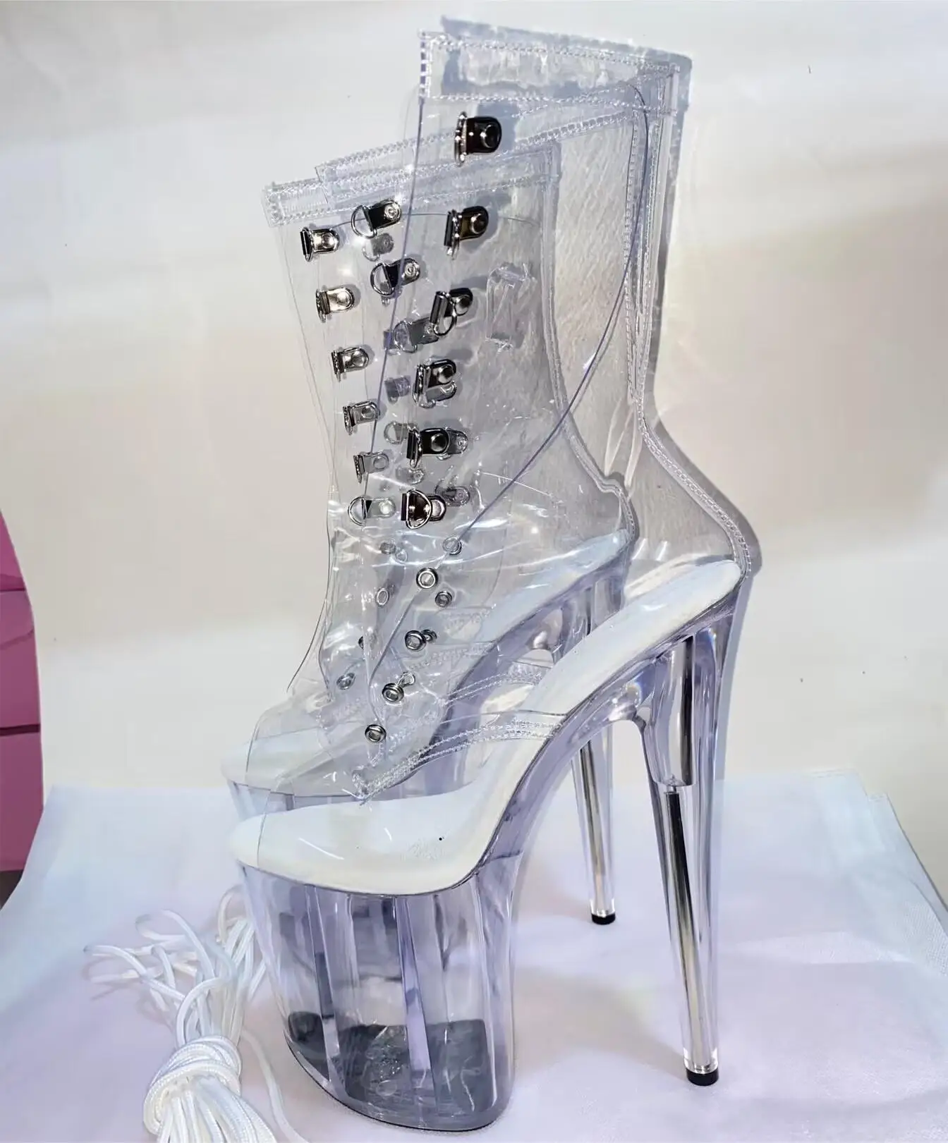 

17-20cm sexy sky-hating high pole dancing heels with lace-up transparent waterproof platform runway low dance shoes