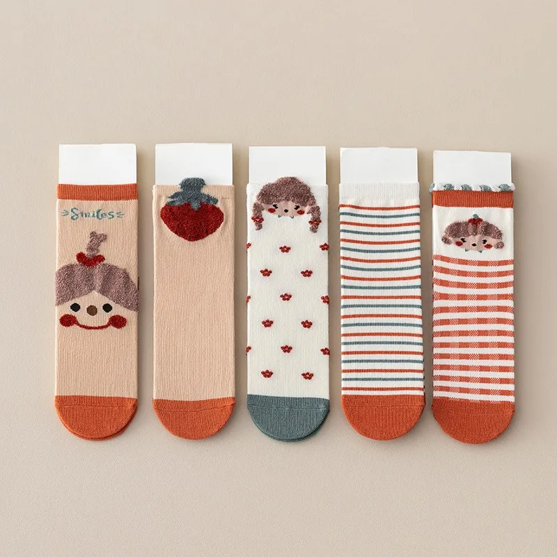 

2023 Autumn Kids Socks 5 Pairs/lot Korean Cartoon Baby Boys Girls Cotton Socks Spring 1-12Years Children Sports Socks