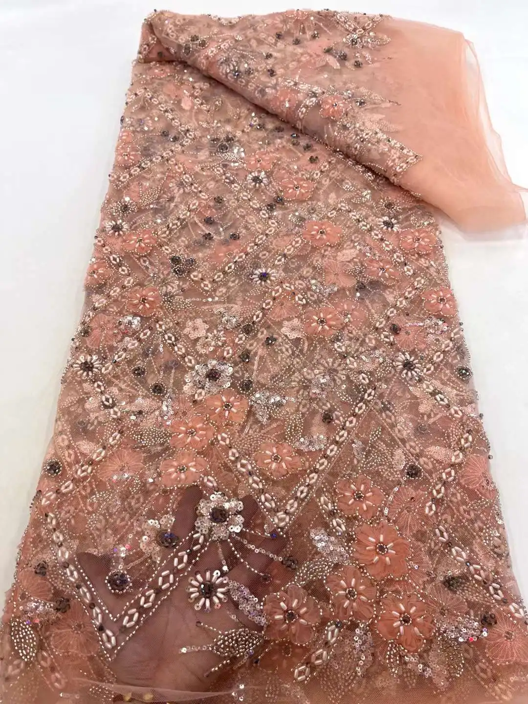 

French Luxury Groom Mesh Embroidery Lace Fabric African 2024 High Quality Nigerian Handmade Beaded Lace Fabric For Wedding Dress