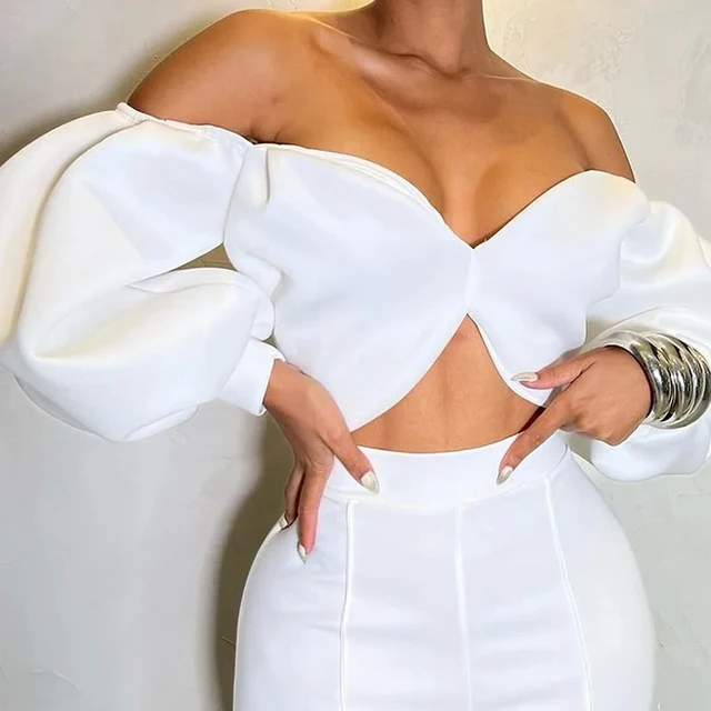 Wefads-Conjunto de dos piezas con hombros descubiertos para mujer, Top corto con espalda descubierta, pantalones ajustados sueltos, color liso, moda de verano