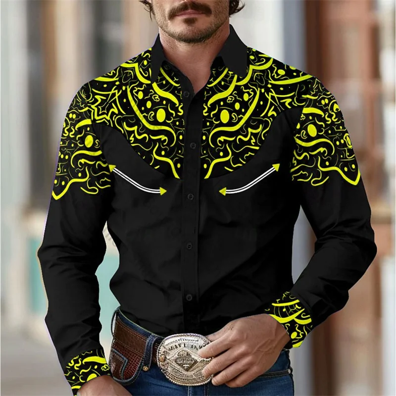 Camisa de hombre estilo occidental retro geométrico para exteriores, informal, de calle, para uso diario, primavera y otoño, con solapa, manga larga, tallas S-5XL, tela elástica