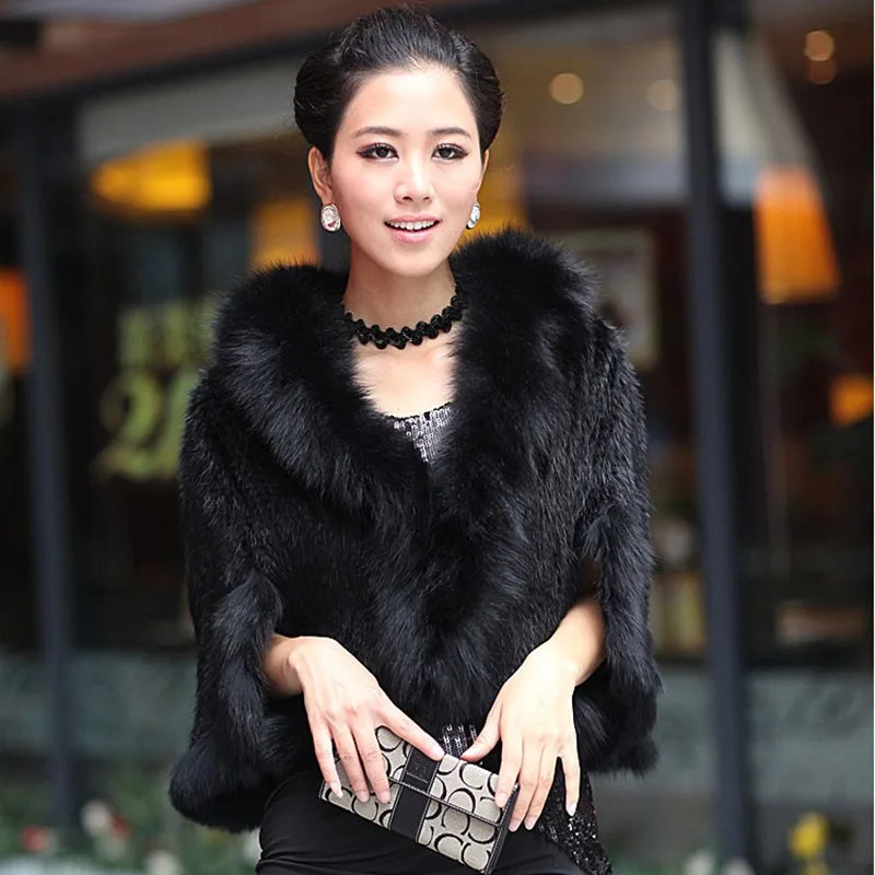 Luxury Ladies Autumn Winter Genuine Knitted Mink Fur Shawls Fox Fur Collar Women Fur Pashmina Wraps Bridal Cape Coat Jacket images - 6