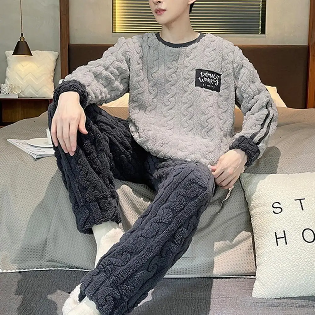 Men's Pajamas Set Round Neck Long Sleeve Thick Twisted Texture for Men