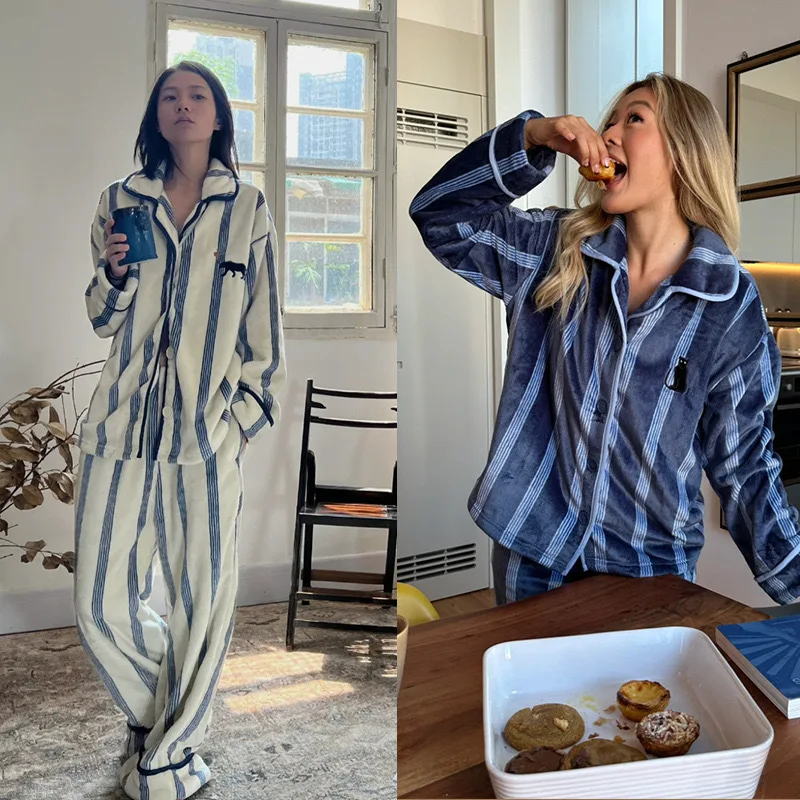 

Couple Sleepwear Women Warm Coral Fleece Pajamas Suit Long Trousers Set Nightwear Winter Casual Home Clothes Thick Loungewear