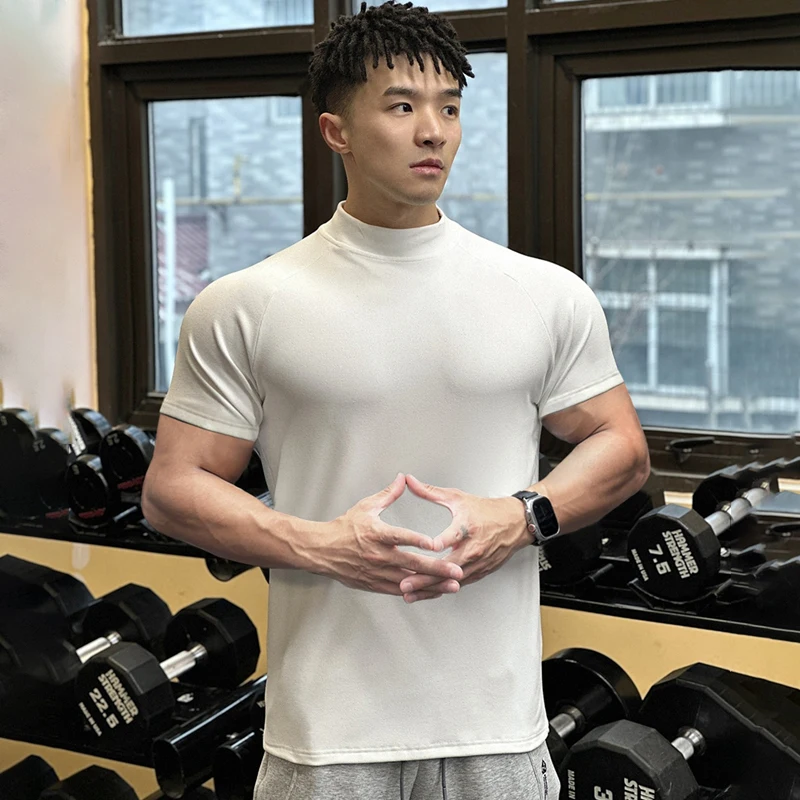 

2024 summer new solid color casual men's T-shirt high neck with rotator sleeve short sleeve top gym exercise fitness sports wear